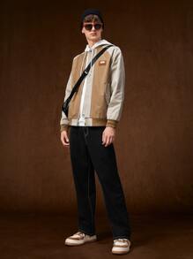 Manfinity Hombres 1 pieza Cazadora tipo bomber con parche de letra de manga raglán - Caqui - Ver 5