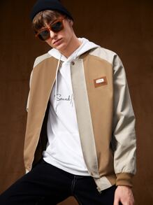 Manfinity Hombres 1 pieza Cazadora tipo bomber con parche de letra de manga raglán - Caqui - Ver 6