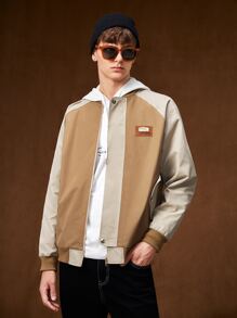 Manfinity Hombres 1 pieza Cazadora tipo bomber con parche de letra de manga raglán - Caqui - Ver 1