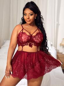 Plus Floral Lace Cut-out Slips With Thong - Burgundy - View 1