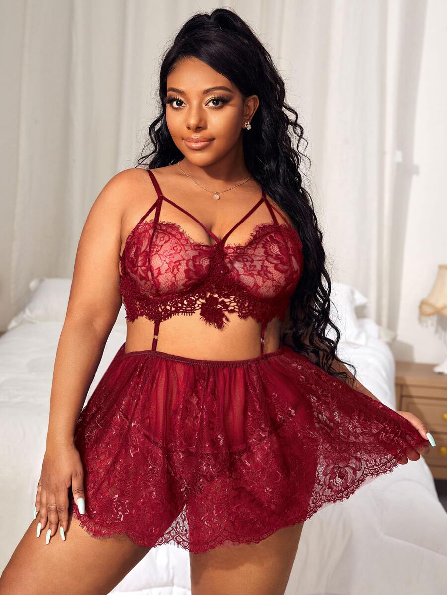 Plus Floral Lace Cut-out Slips With Thong - Burgundy - View 1