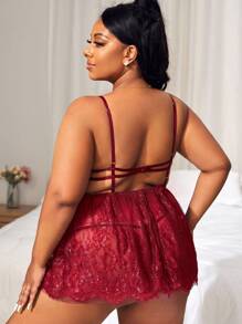 Plus Floral Lace Cut-out Slips With Thong - Burgundy - View 2