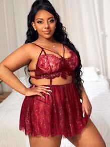 Plus Floral Lace Cut-out Slips With Thong - Burgundy - View 4