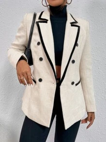 BizChic Contrast Binding Double Breasted Blazer Workwear In Fall/Winter - Beige - View 1