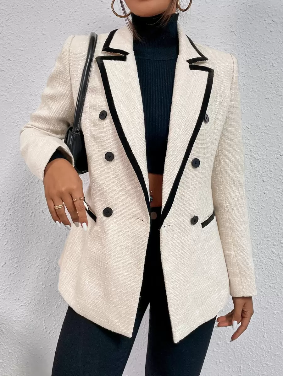 BizChic Contrast Binding Double Breasted Blazer Workwear In Fall/Winter - Beige - View 1