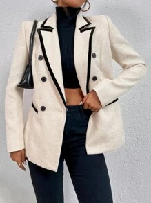 BizChic Contrast Binding Double Breasted Blazer Workwear In Fall/Winter - Beige - View 3