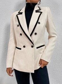 BizChic Contrast Binding Double Breasted Blazer Workwear In Fall/Winter - Beige - View 4