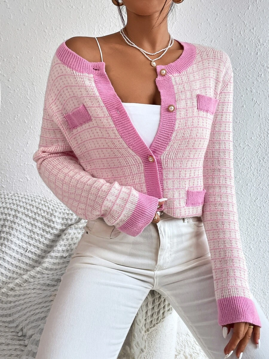 Plaid Pattern Contrast Trim Cardigan - Multicolor - View 1