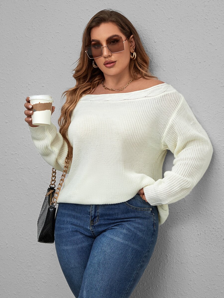 Pullover mit U-Boot Ausschnitt, Zopfstrick