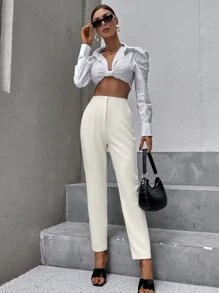 Aveloria Slant Pockets Zipper Fly Carrot Trousers - Beige - View 5