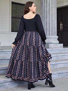 Modelyn Plus Ditsy Floral Print Ruffle Hem Dress Without Belt - Multicolor - View 2