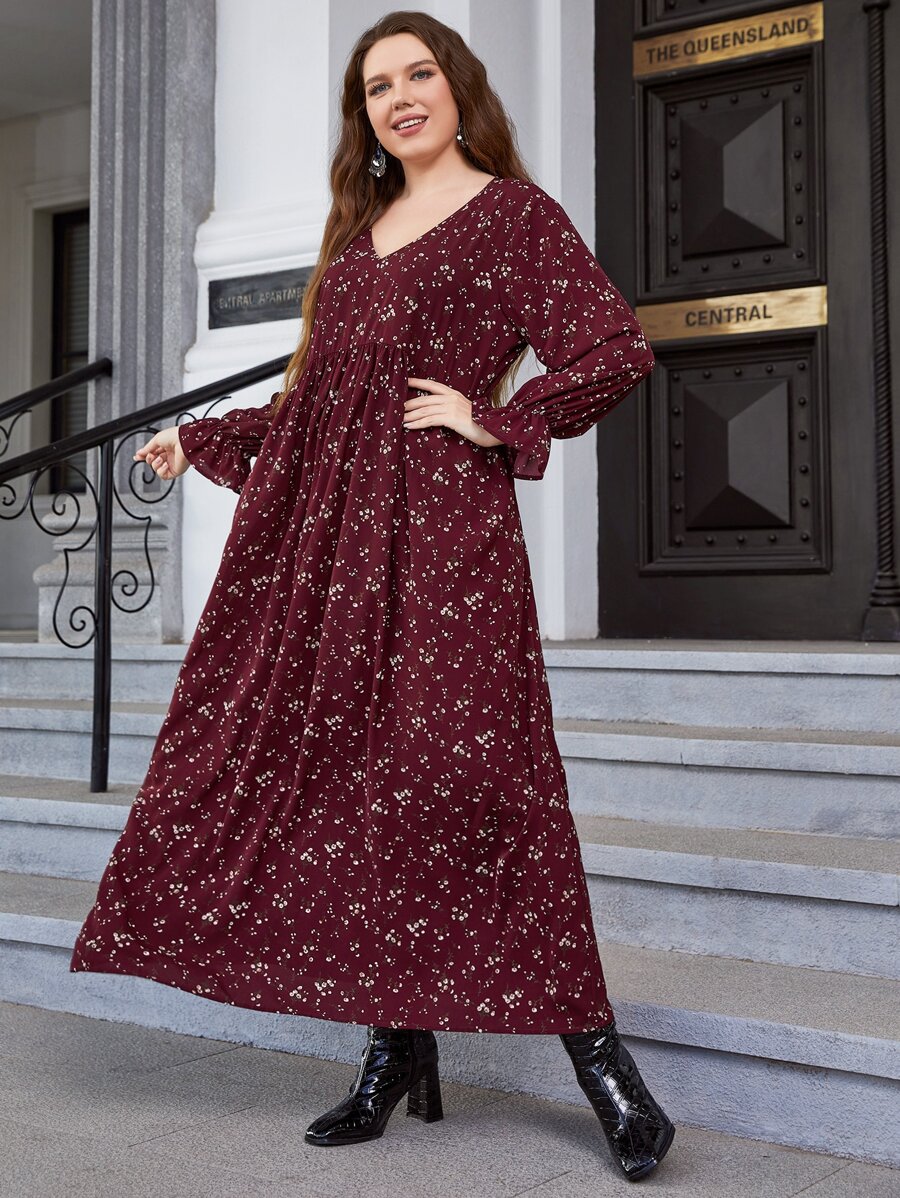 Mulvari Plus Ditsy Floral Print Flounce Sleeve Dress - Maroon - View 1