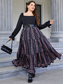 Modelyn Plus Ditsy Floral Print Ruffle Hem Dress Without Belt - Multicolor - View 4