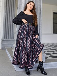 Modelyn Plus Ditsy Floral Print Ruffle Hem Dress Without Belt - Multicolor - View 5