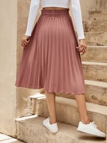 SHEIN Clasi Shirred Drawstring Waist Pleated Skirt - Dusty Pink - View 2