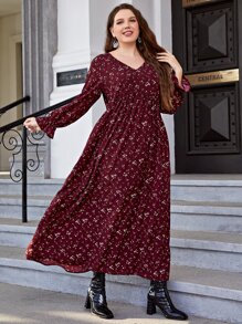 Mulvari Plus Ditsy Floral Print Flounce Sleeve Dress - Maroon - View 4