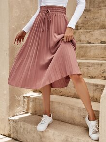 SHEIN Clasi Shirred Drawstring Waist Pleated Skirt - Dusty Pink - View 5