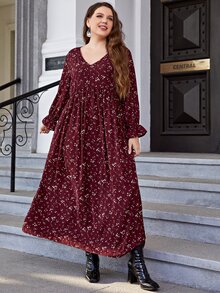 Mulvari Plus Ditsy Floral Print Flounce Sleeve Dress - Maroon - View 5