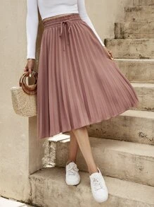 SHEIN Clasi Shirred Drawstring Waist Pleated Skirt - Dusty Pink - View 6
