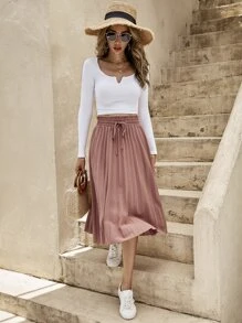 SHEIN Clasi Shirred Drawstring Waist Pleated Skirt - Dusty Pink - View 4