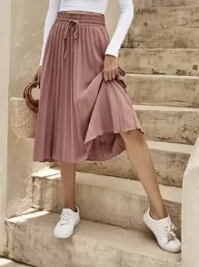 SHEIN Clasi Shirred Drawstring Waist Pleated Skirt - Dusty Pink - View 1