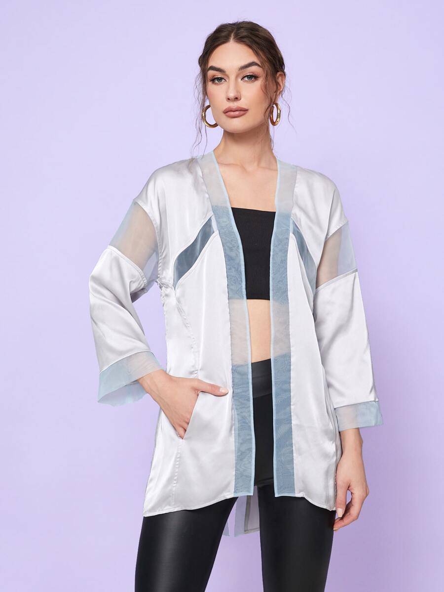 DREAMSTERSS Contrast Mesh Drop Shoulder Kimono - White - View 1