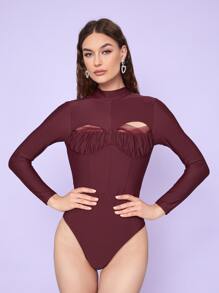 Sara Locci Ruched Bust Mesh Insert Cut Out Mock Neck Bodysuit - Maroon - View 1