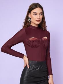 Sara Locci Ruched Bust Mesh Insert Cut Out Mock Neck Bodysuit - Maroon - View 5