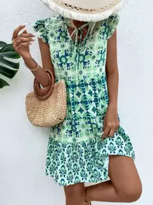 Breezaya 几何印花蝴蝶袖系带领口荷叶边下摆罩衫连衣裙度假海滩装女款