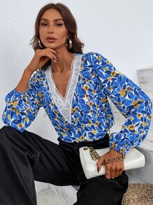 Floral Print Lace Trim Blouse - Blue - View 2