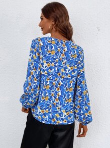Floral Print Lace Trim Blouse - Blue - View 3