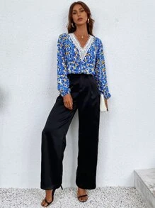 Floral Print Lace Trim Blouse - Blue - View 4