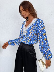 Floral Print Lace Trim Blouse - Blue - View 5