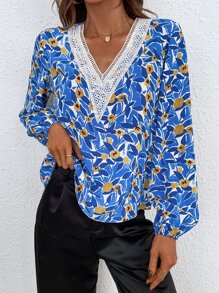 Floral Print Lace Trim Blouse - Blue - View 6