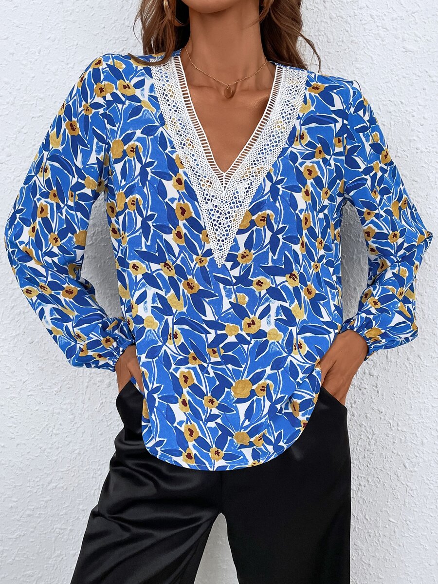 Floral Print Lace Trim Blouse - Blue - View 1