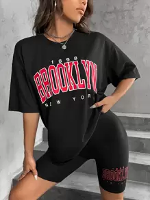 SHEIN Unity Bộ đồ hai mảnh nữ Lá thư Giải trí - màu đen - Xem 1