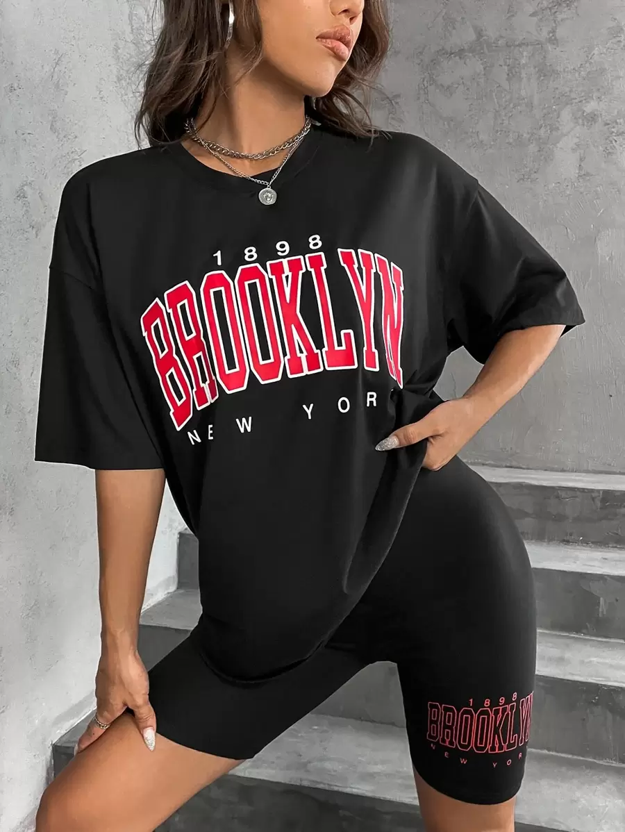 SHEIN Unity Bộ đồ hai mảnh nữ Lá thư Giải trí - màu đen - Xem 1