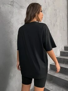 SHEIN Unity Bộ đồ hai mảnh nữ Lá thư Giải trí - màu đen - Xem 2