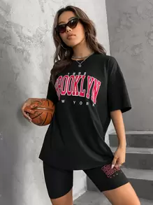 SHEIN Unity Bộ đồ hai mảnh nữ Lá thư Giải trí - màu đen - Xem 4