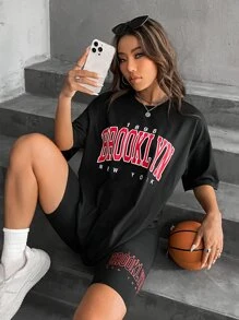 SHEIN Unity Bộ đồ hai mảnh nữ Lá thư Giải trí - màu đen - Xem 6