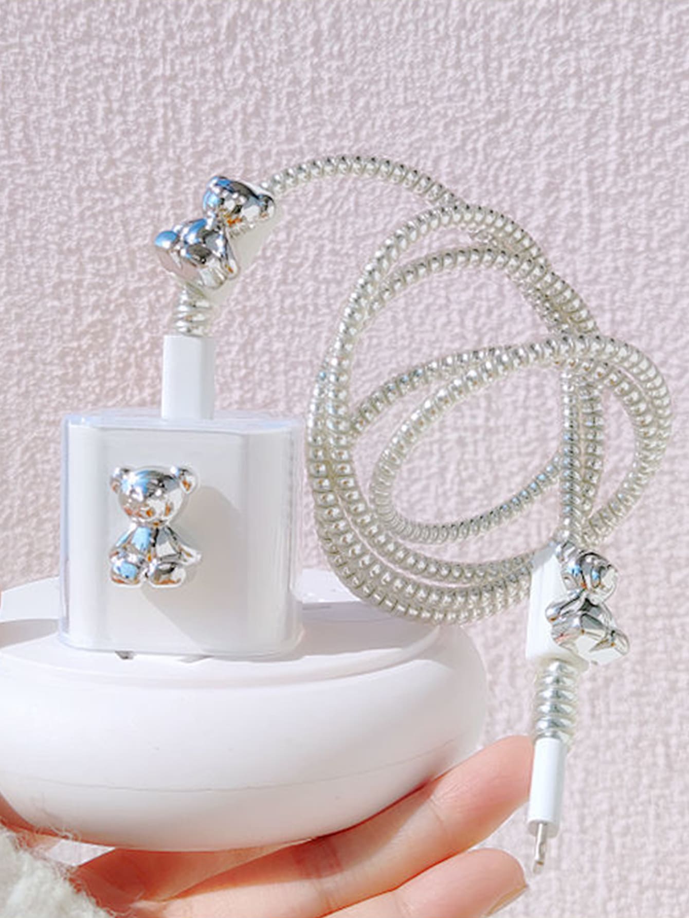 4入組熊裝飾數據綫保護頭套裝 - 銀色 - 查看 1