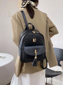 衍縫細節方形和流蘇裝飾經典背包 - 黑色 - 查看 2