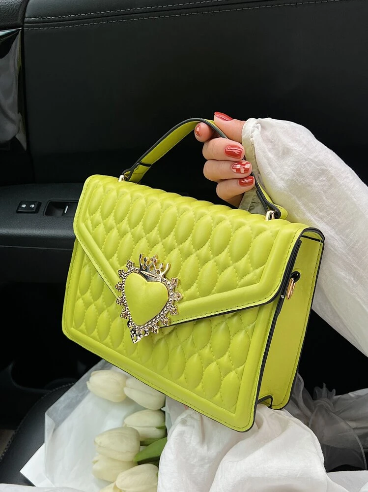Neon Green Quilted Crown & Heart Decor Flap Square Bag, Women Quilted Crossbody Shoulder Bags Fashion Designer Handbags Quilted Crossbody Purse Cell Phone Backpack, Vintage New PU Leather Shoulder Bag Female Lock Crossbody Handbags - Green - View 1