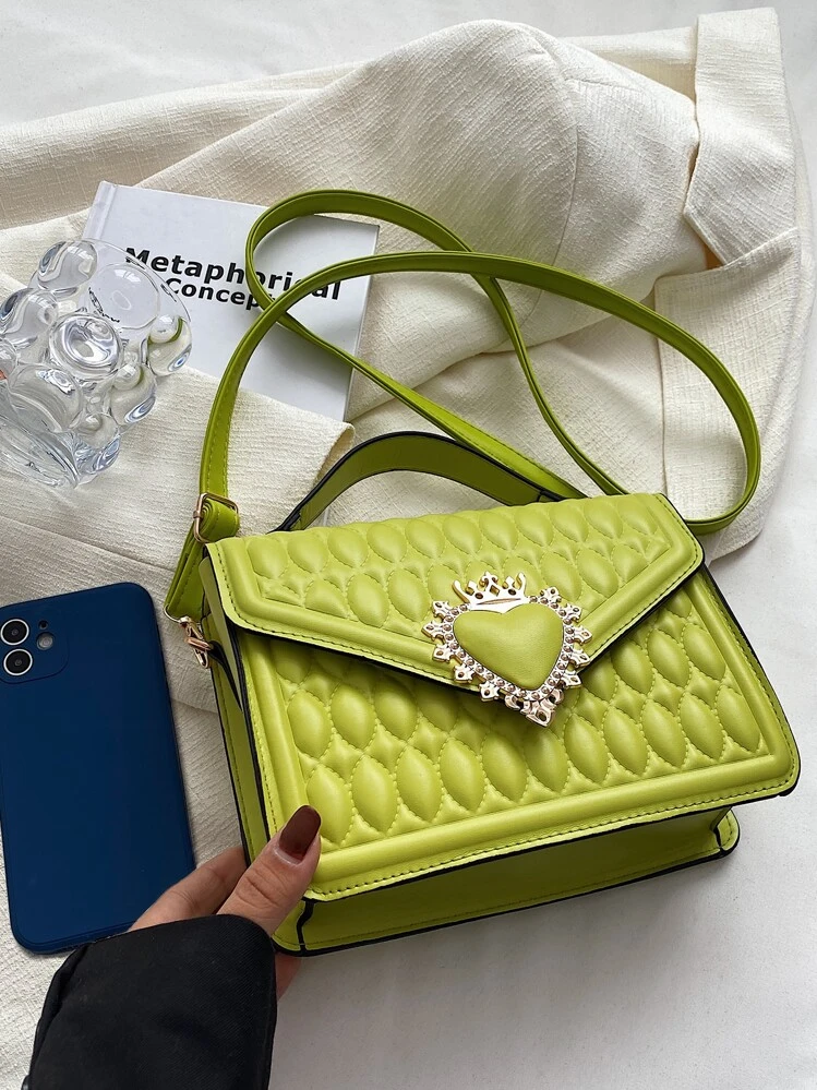 Neon Green Quilted Crown & Heart Decor Flap Square Bag, Women Quilted Crossbody Shoulder Bags Fashion Designer Handbags Quilted Crossbody Purse Cell Phone Backpack, Vintage New PU Leather Shoulder Bag Female Lock Crossbody Handbags - Green - View 4