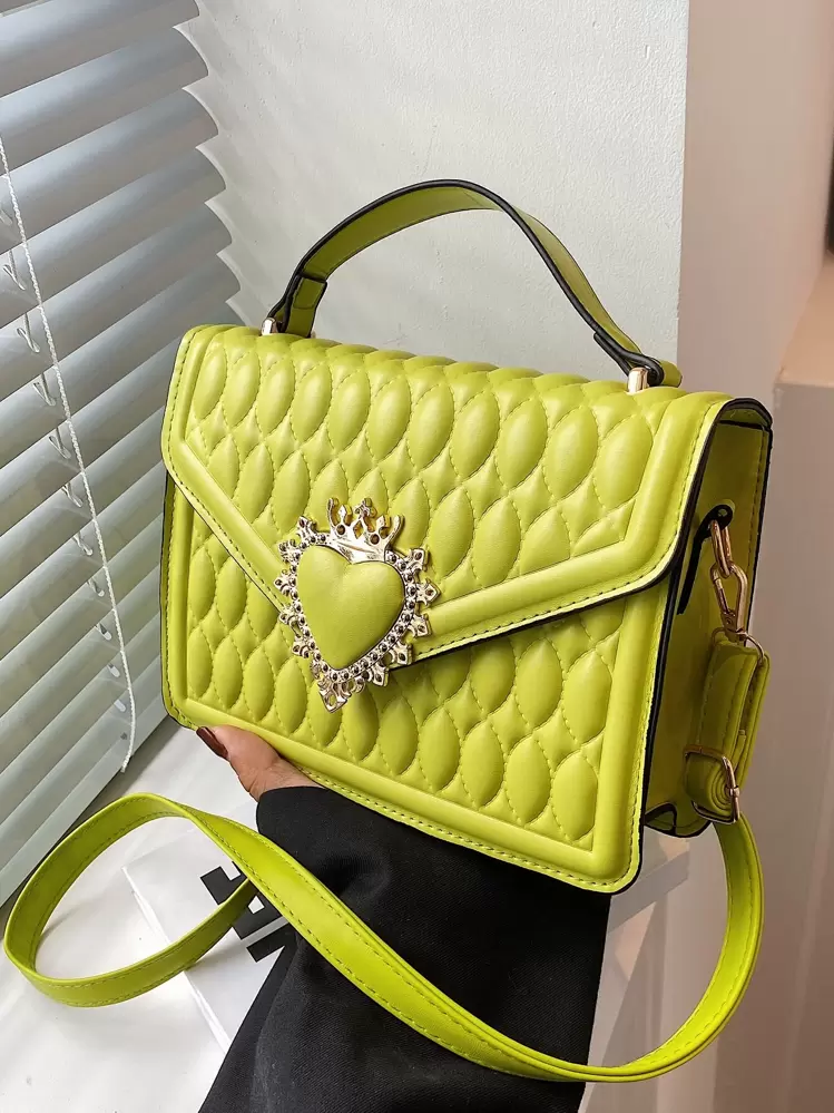 Neon Green Quilted Crown & Heart Decor Flap Square Bag, Women Quilted Crossbody Shoulder Bags Fashion Designer Handbags Quilted Crossbody Purse Cell Phone Backpack, Vintage New PU Leather Shoulder Bag Female Lock Crossbody Handbags - Green - View 5