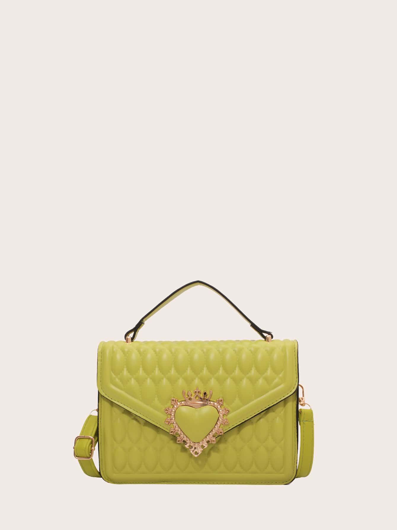 Neon Green Quilted Crown & Heart Decor Flap Square Bag, Women Quilted Crossbody Shoulder Bags Fashion Designer Handbags Quilted Crossbody Purse Cell Phone Backpack, Vintage New PU Leather Shoulder Bag Female Lock Crossbody Handbags - Green - View 6