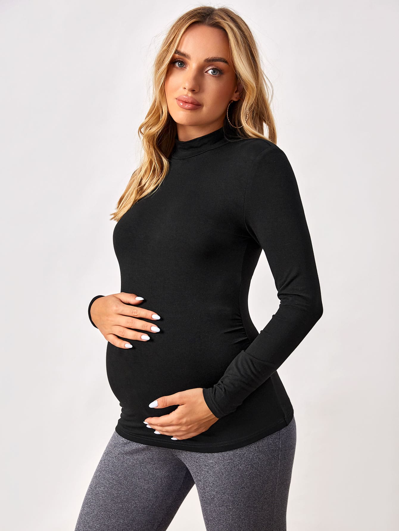 SHEIN Maternity Stand Collar Solid Tee - Black - View 1
