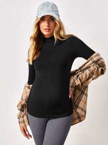 SHEIN Maternity Stand Collar Solid Tee - Black - View 4