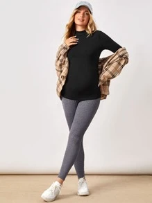 SHEIN Maternity Stand Collar Solid Tee - Black - View 3