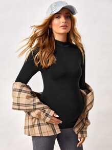 SHEIN Maternity Stand Collar Solid Tee - Black - View 5